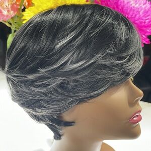 HAIR, Pixie cut, Swoop bangs, Black with Silver highlights.